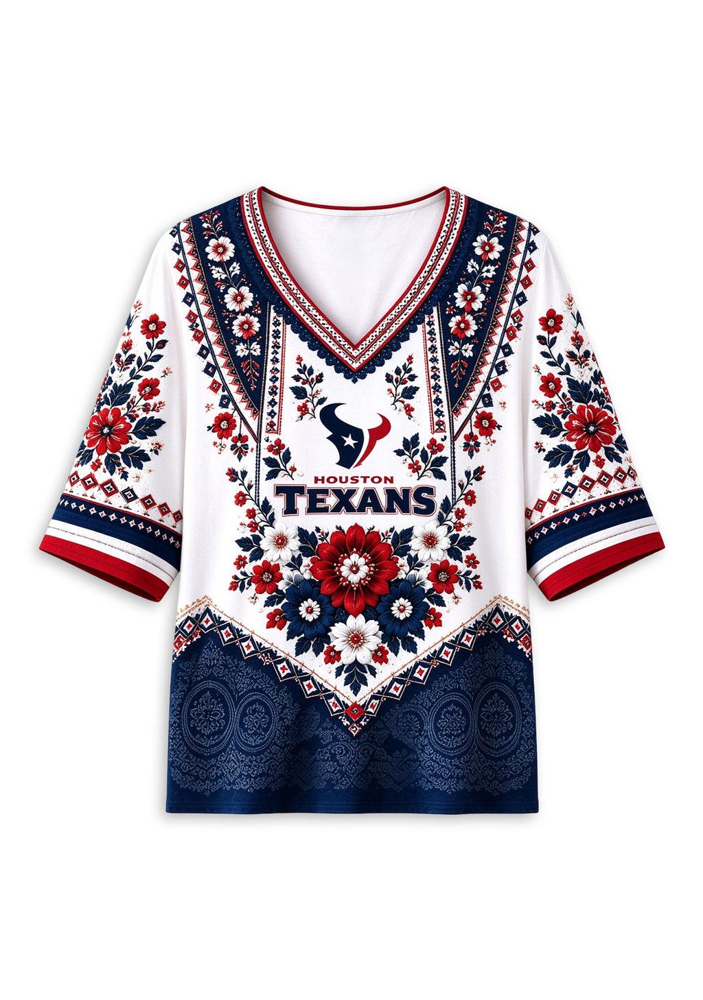 Women’s Houston Texans Boho Floral V-Neck 3/4 Sleeve Shirt