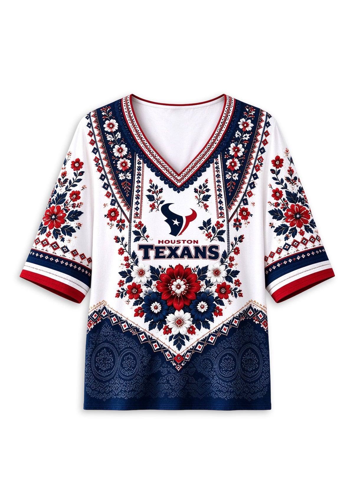 Women’s Houston Texans Boho Floral V-Neck 3/4 Sleeve Shirt