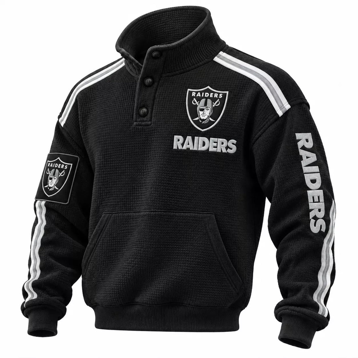 Las Vegas Raiders Black Button Henley Stand Collar Waffle Pullover Sweatshirt Main image