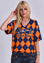 Women's Denver Broncos Argyle #1 Fan Heart Helmet V-Neck T-Shirt
