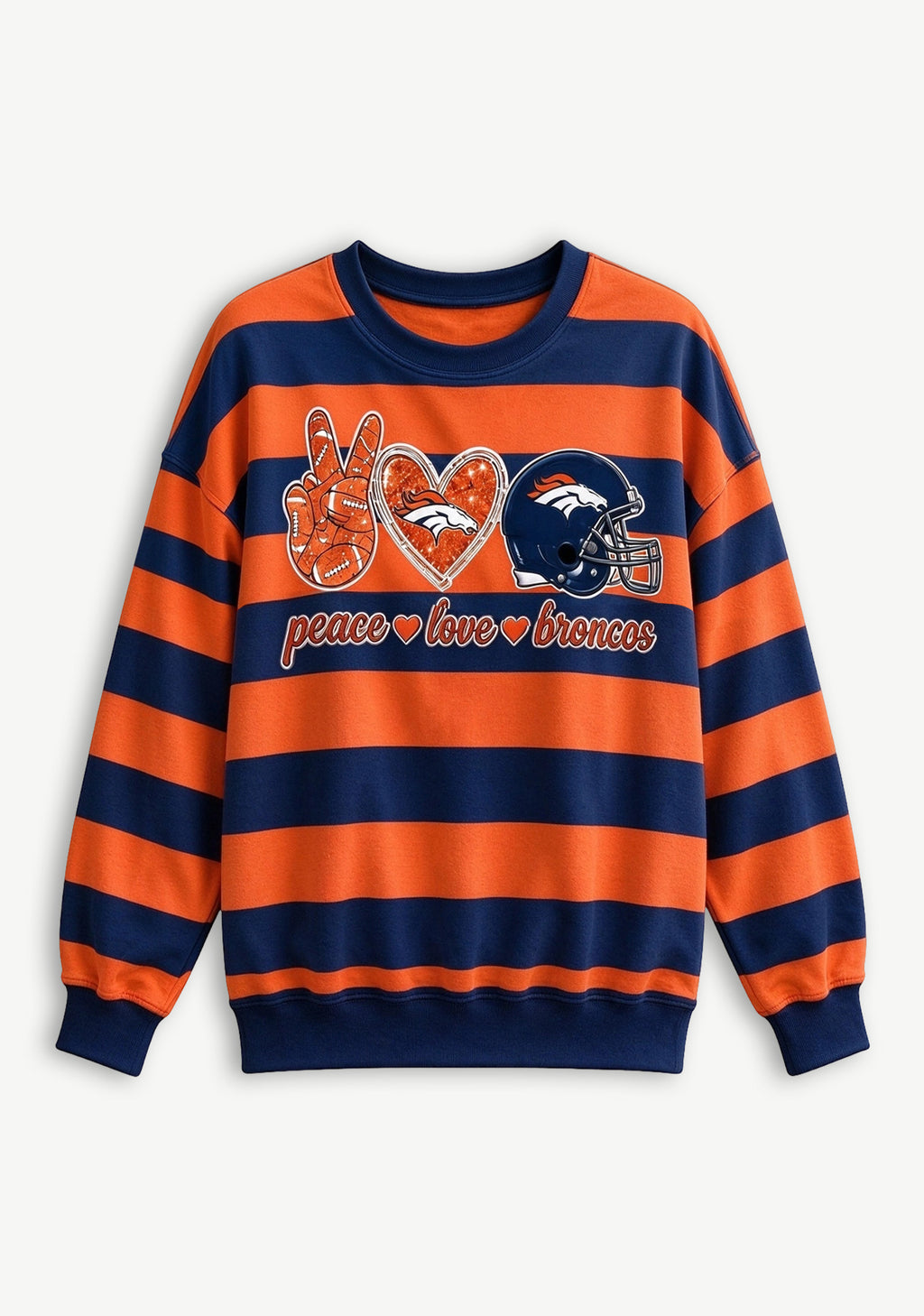 Women's Peace Love Denver Broncos Striped Crewneck Sweatshirt