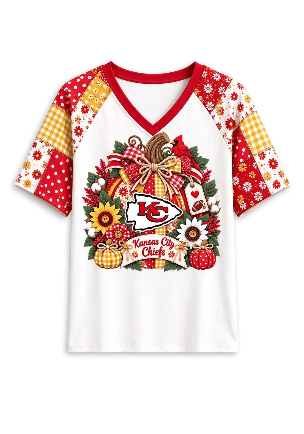Women's Kansas City Chiefs Patchwork Sleeve V-Neck Raglan T-Shirt