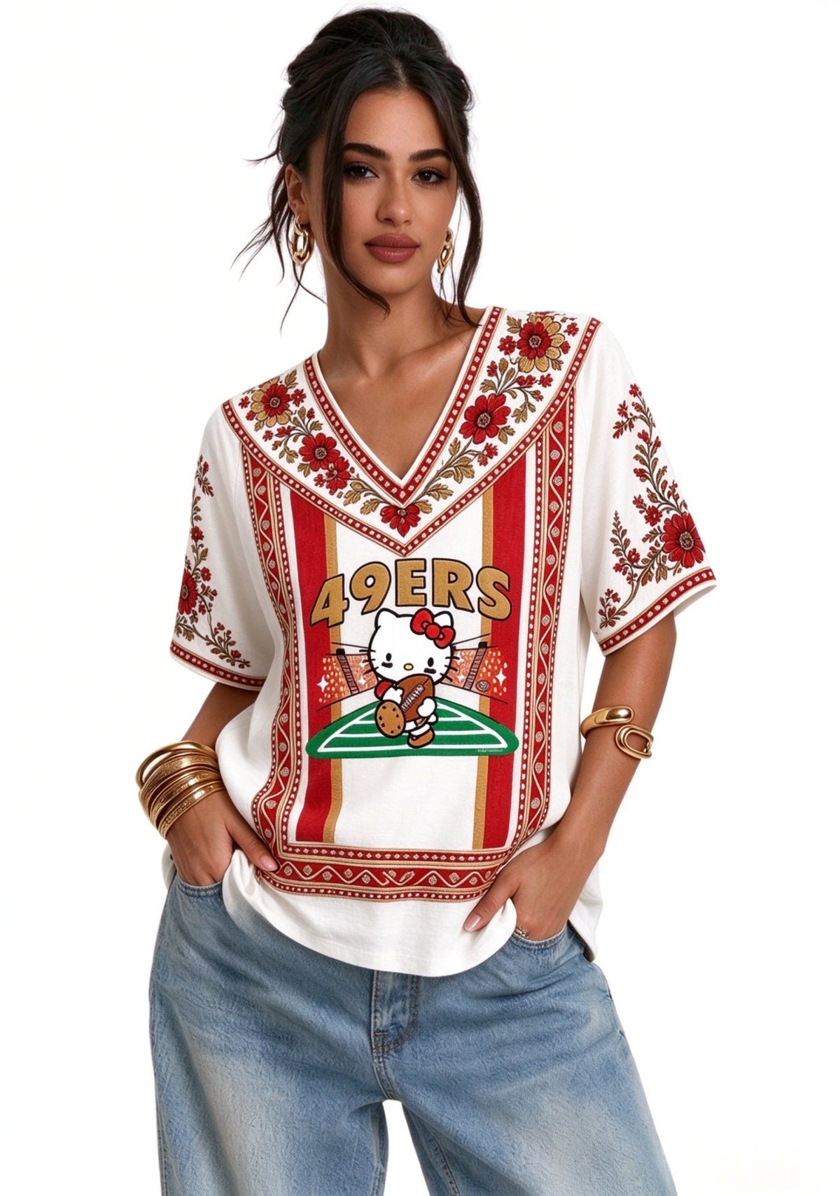 Women's Boho Floral 49ers Hello Kitty Game Day V Neck Shirt Main image