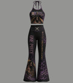 One Piece Halter Crop Top + High Waist Flared Pants Matching 2-Piece Set
