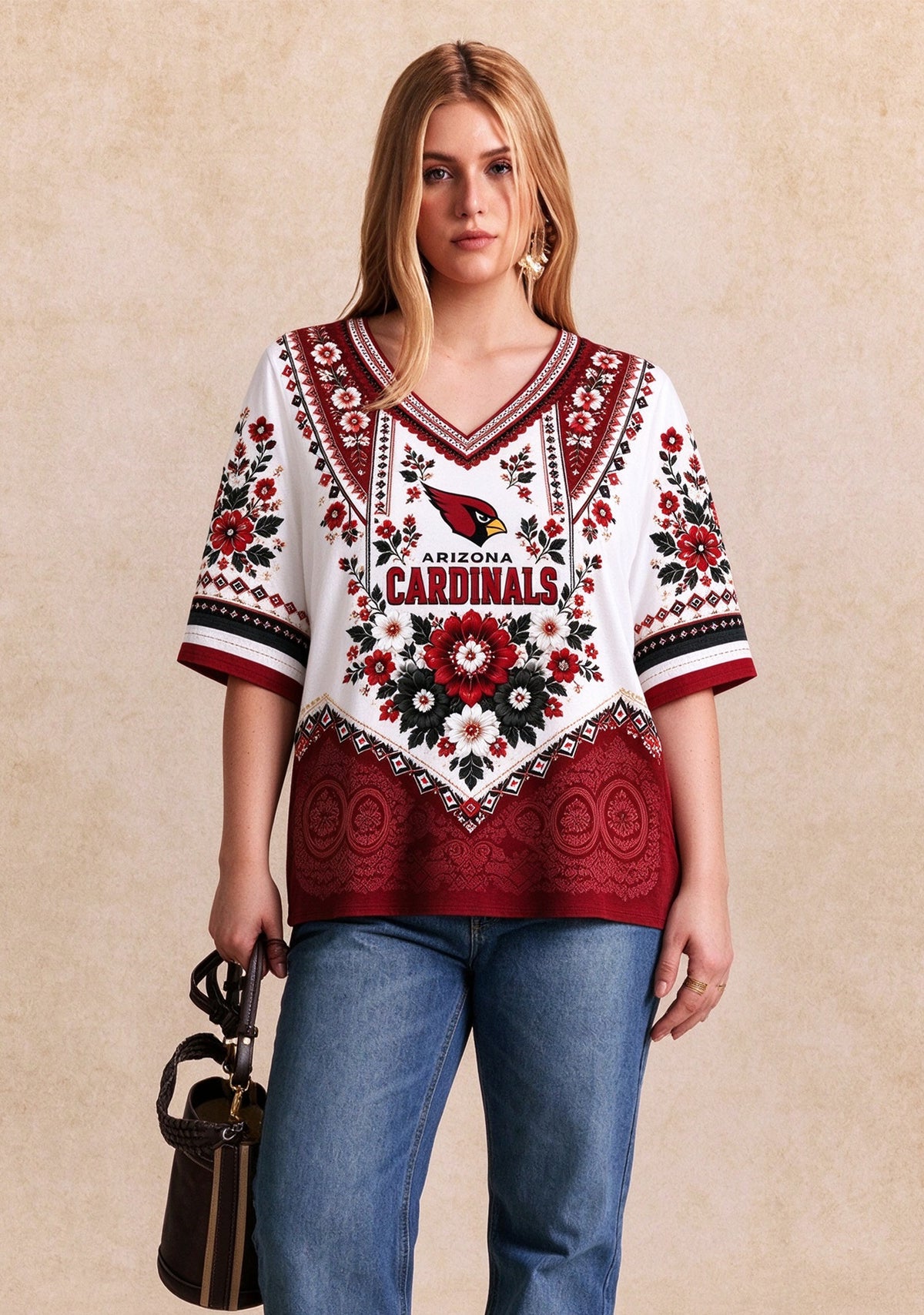 Women’s Arizona Cardinals Boho Floral V-Neck 3/4 Sleeve Shirt Main image