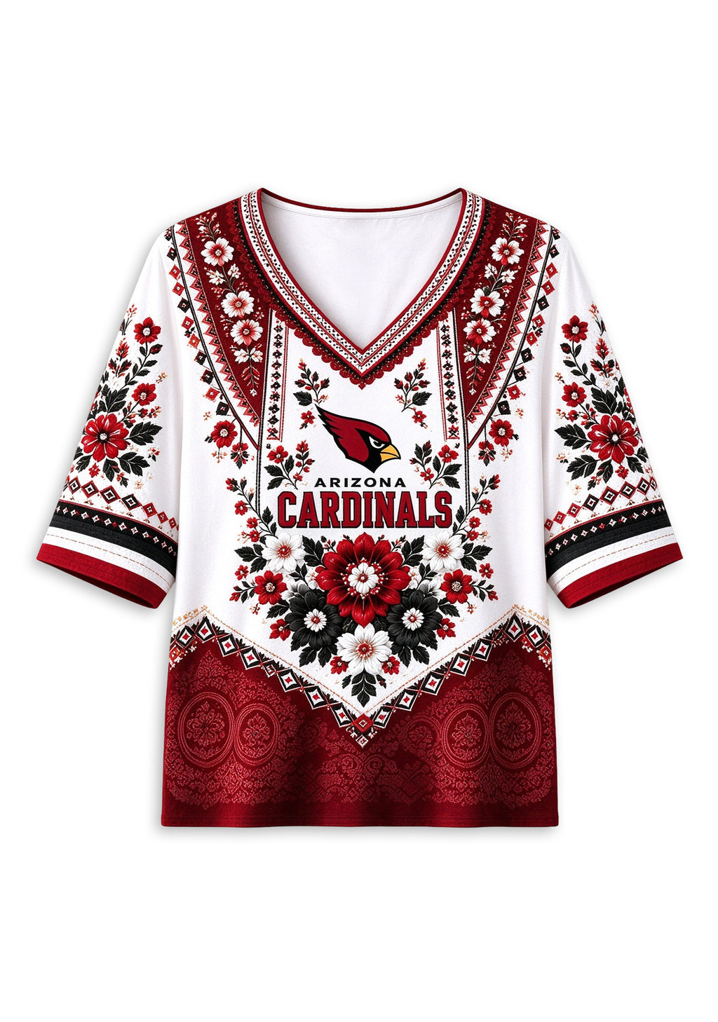 Women’s Arizona Cardinals Boho Floral V-Neck 3/4 Sleeve Shirt