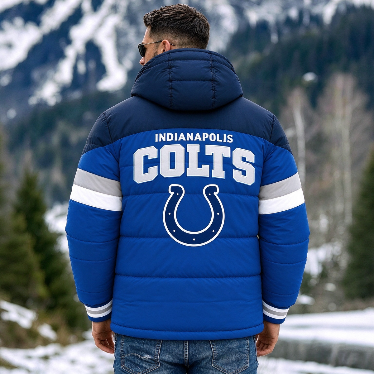 Indianapolis Colts Hooded Color Block Puffer Jacket  Custom Name Gifts For Fan