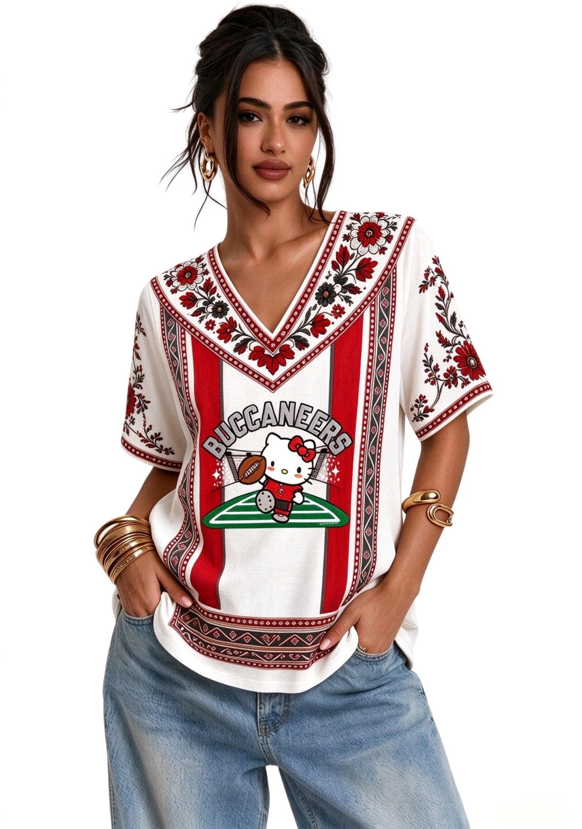 Women's Boho Floral Tampa Bay Buccaneers Hello Kitty Game Day V Neck Shirt Main image