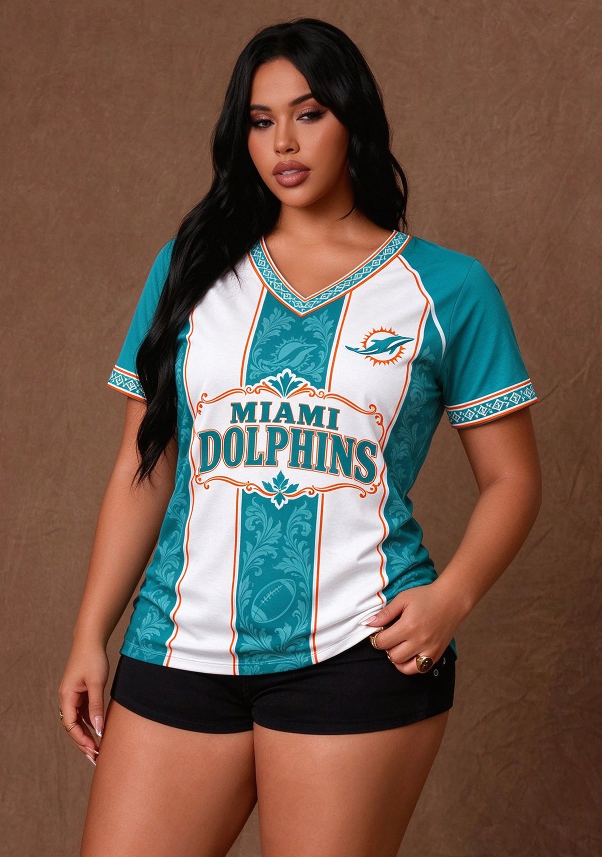 Women's Miami Dolphins Floral Baroque Striped V-Neck T-Shirt