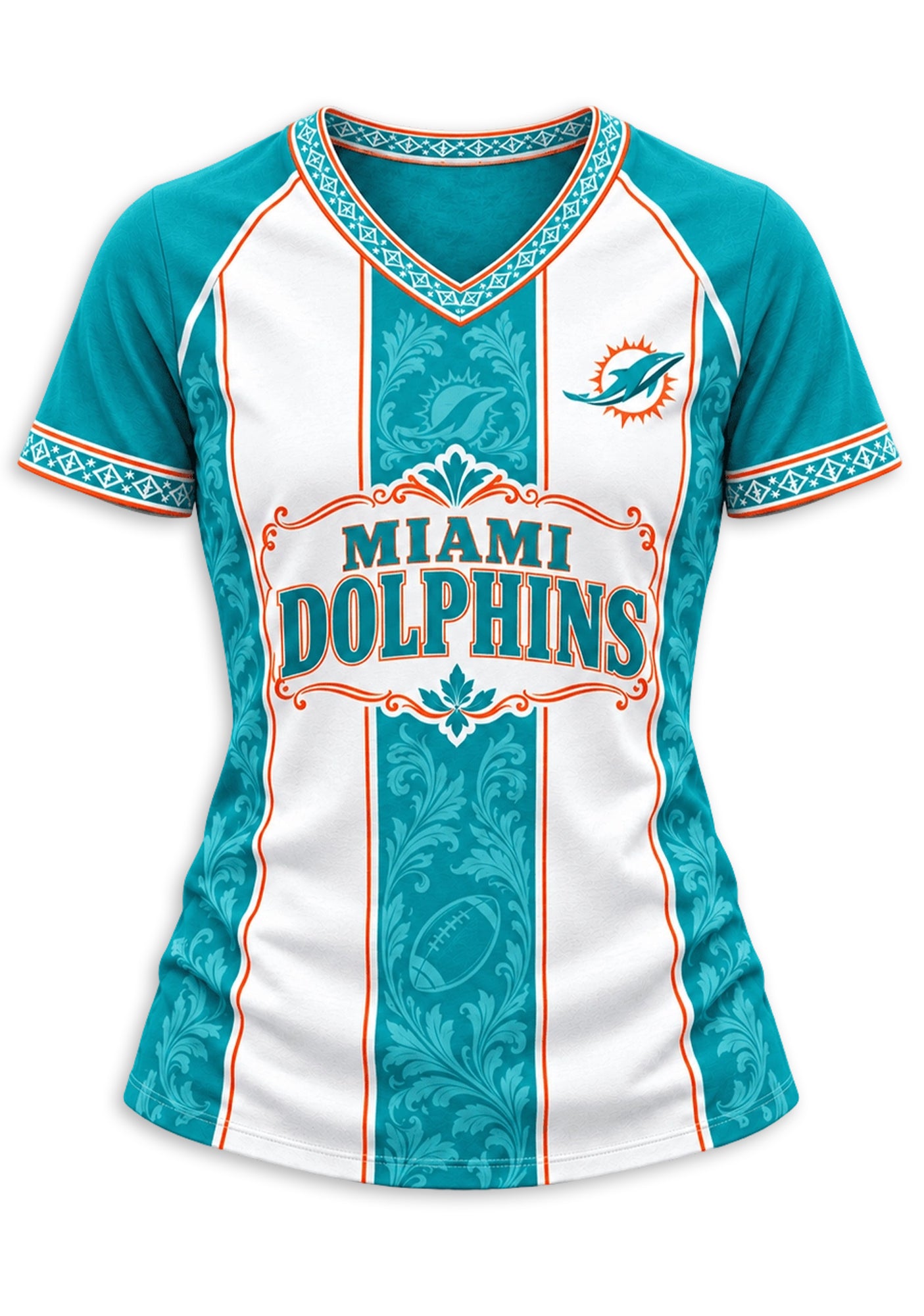 Women's Miami Dolphins Floral Baroque Striped V-Neck T-Shirt Secondary image
