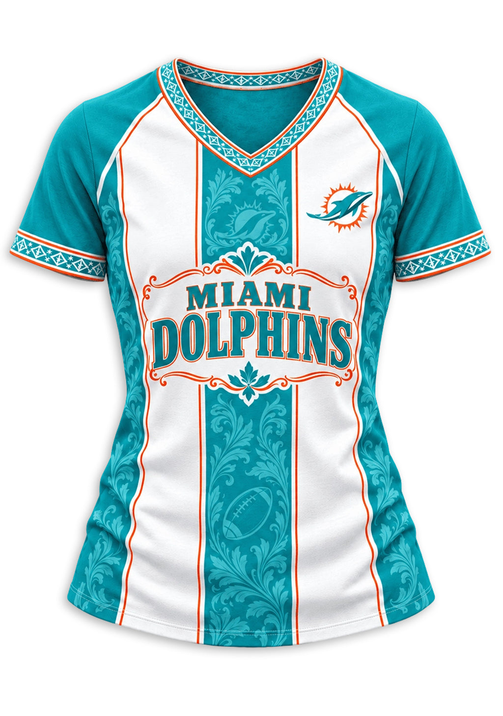 Women's Miami Dolphins Floral Baroque Striped V-Neck T-Shirt