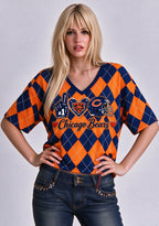 Women's Chicago Bears Argyle #1 Fan Heart Helmet V-Neck T-Shirt