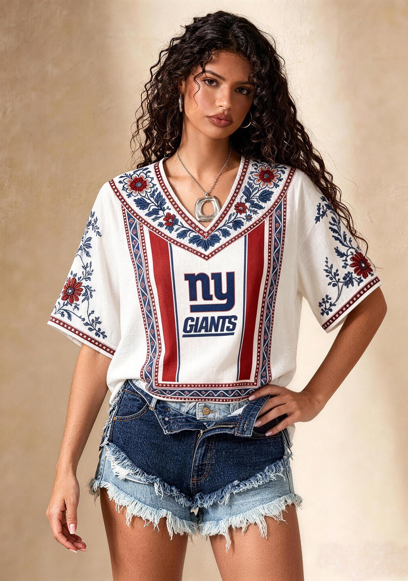 Boho Border Print NY Giants V-Neck Blouse Main image