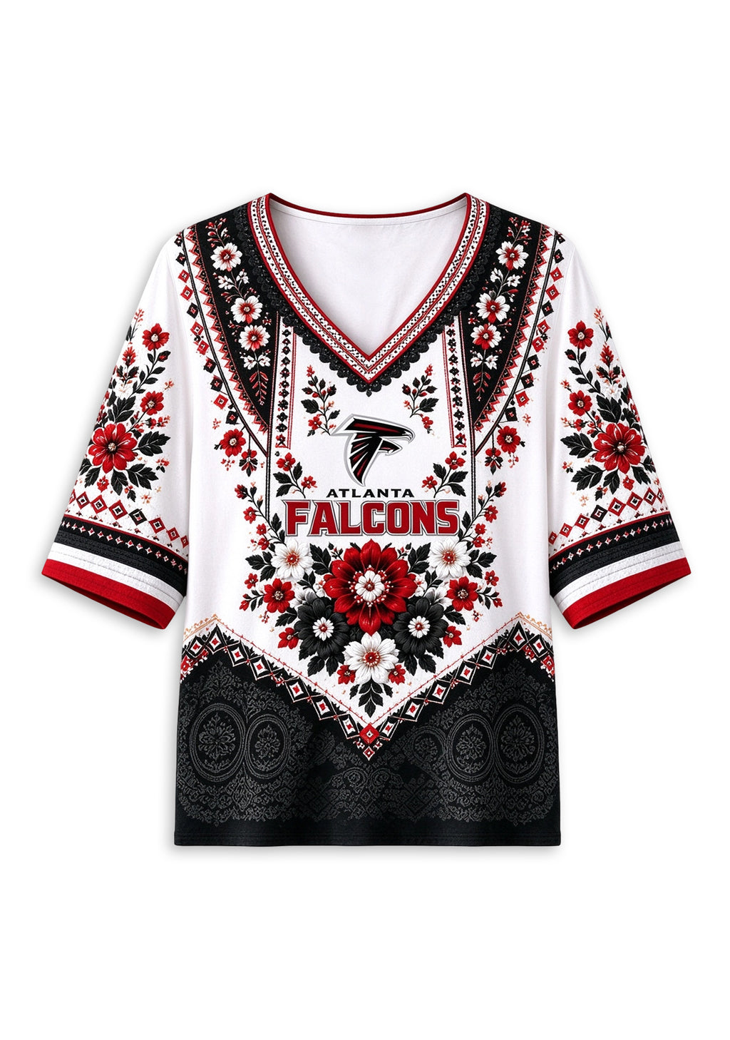 Women’s Atlanta Falcons Boho Floral V-Neck 3/4 Sleeve Shirt