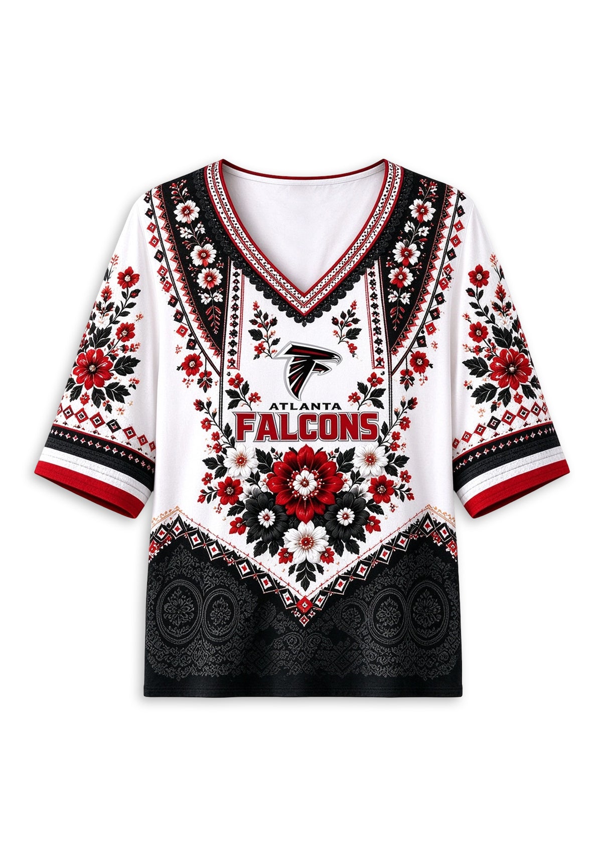 Women’s Atlanta Falcons Boho Floral V-Neck 3/4 Sleeve Shirt