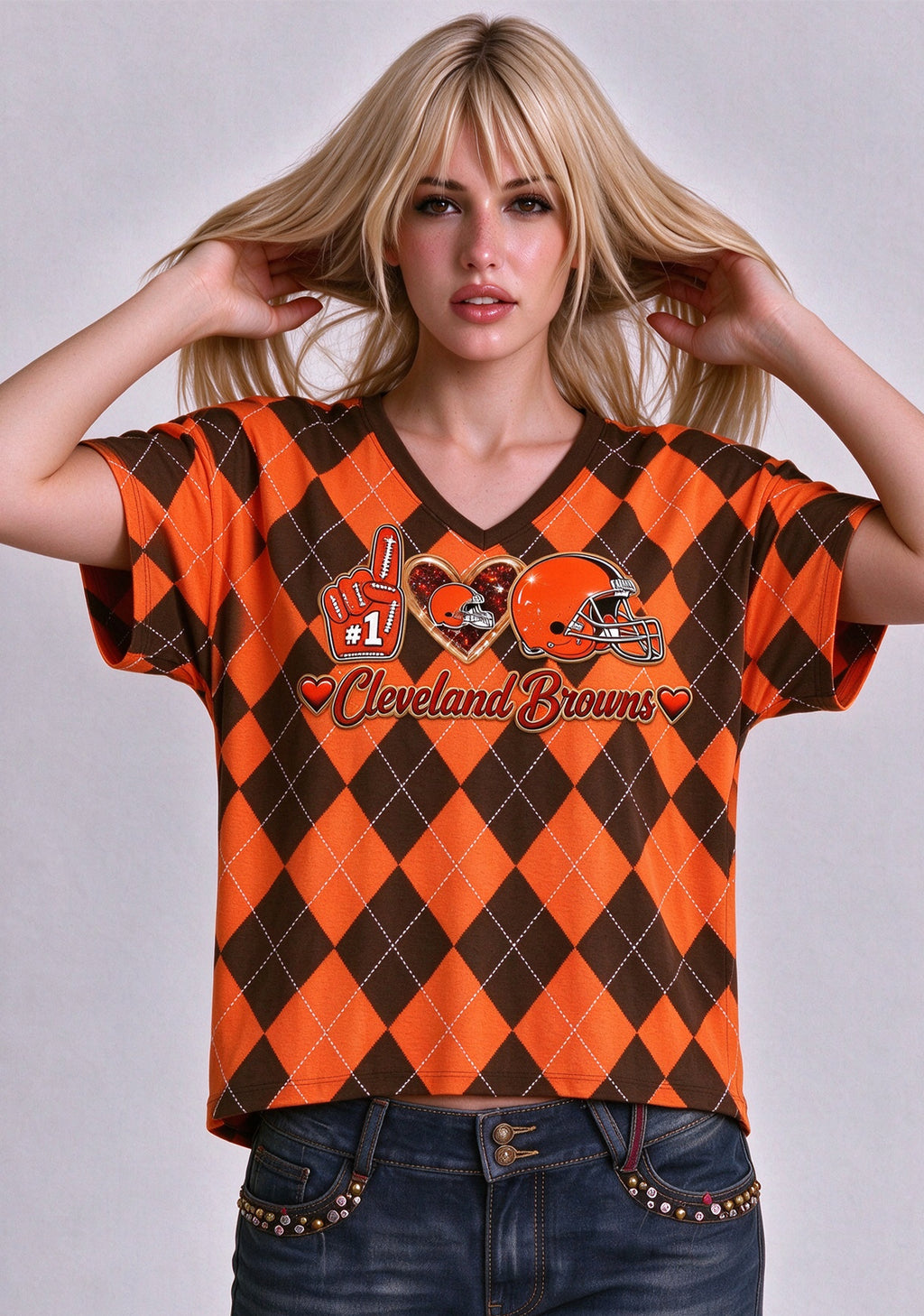 Women's Cleveland Browns Argyle #1 Fan Heart Helmet V-Neck T-Shirt
