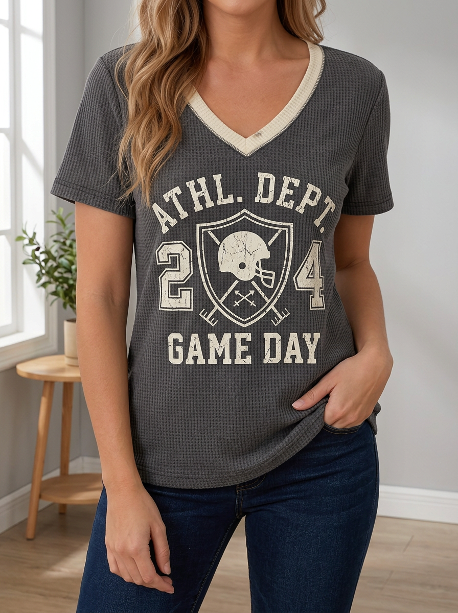 Women's Football Game Day Helmet Shield Printed Waffle Knit Top