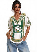 Women's Boho Floral Green Bay Packers Hello Kitty Game Day V Neck Shirt