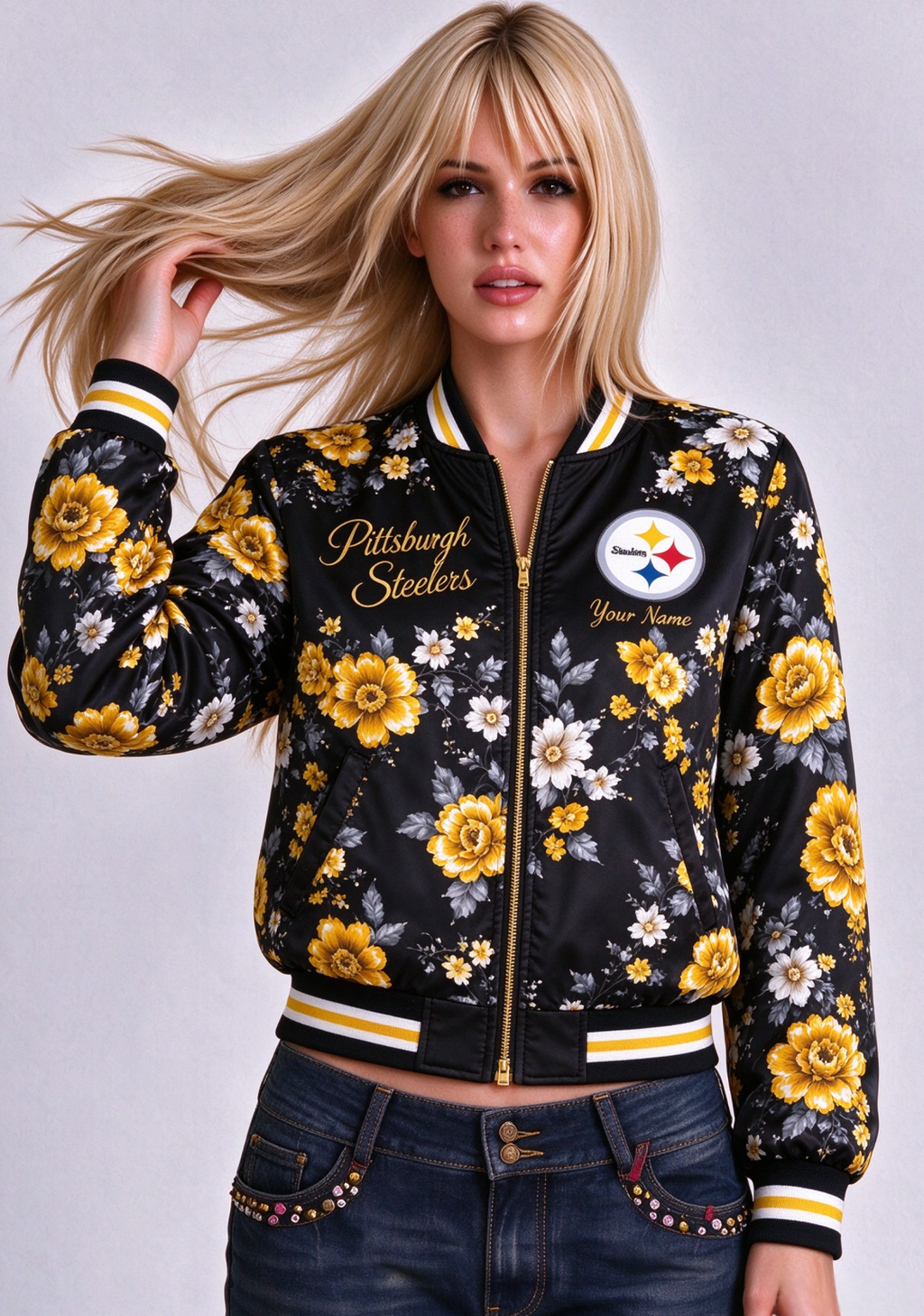 Women Pittsburgh Steelers Floral Print Zip Up Jacket Custom Name For Fan