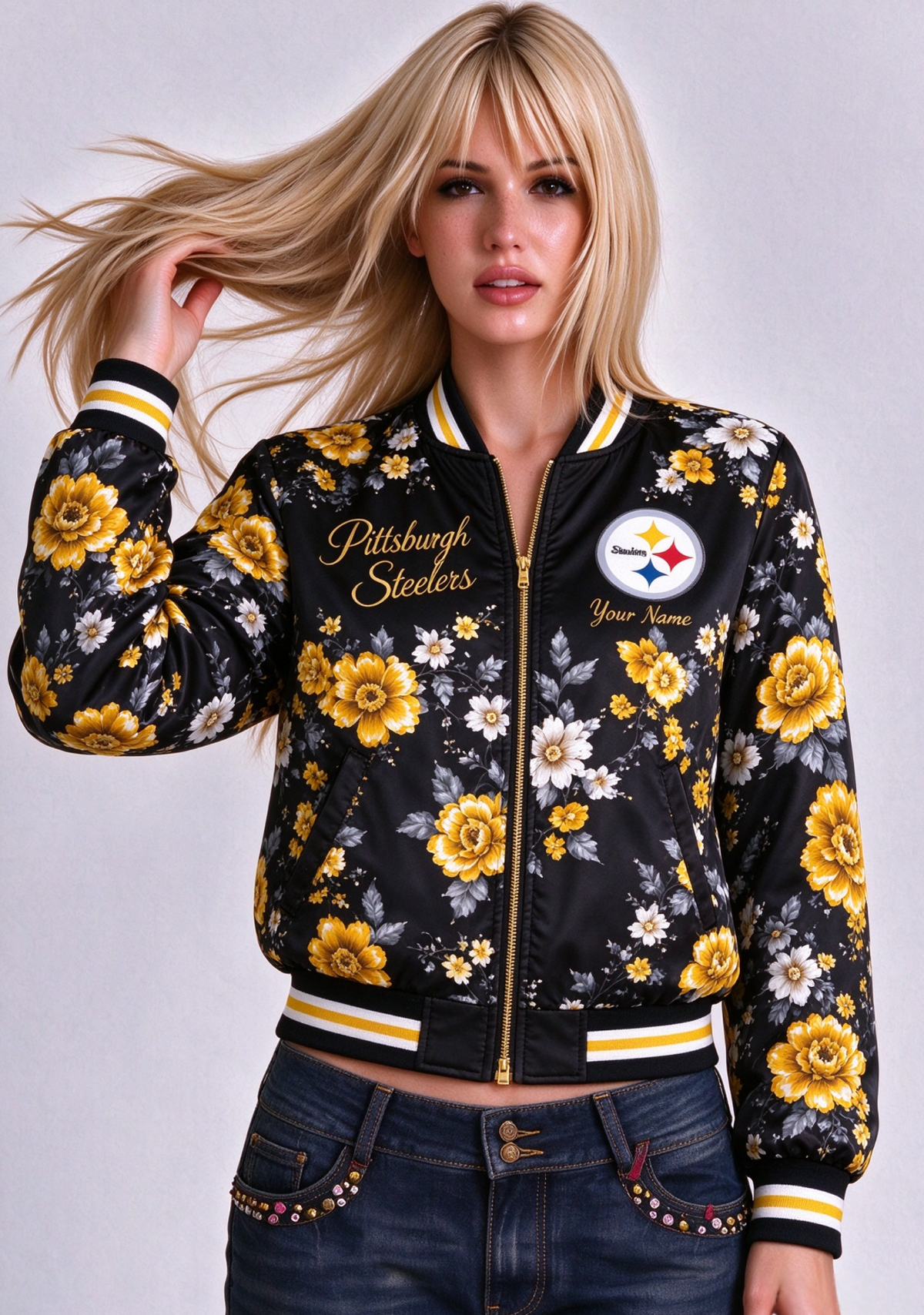Women Pittsburgh Steelers Floral Print Zip Up Jacket Custom Name For Fan