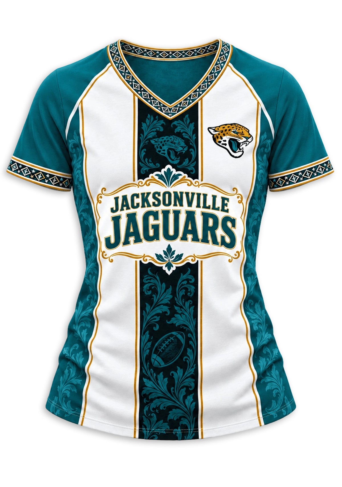 Women's Jacksonville Jaguars Floral Baroque Striped V-Neck T-Shirt