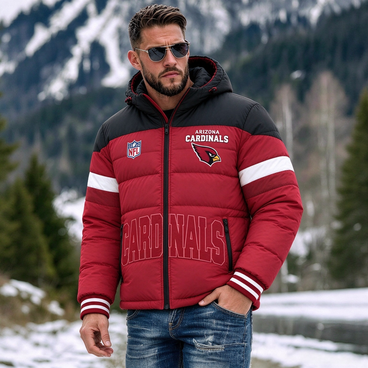 Arizona Cardinals Hooded Color Block Puffer Jacket  Custom Name Gifts For Fan