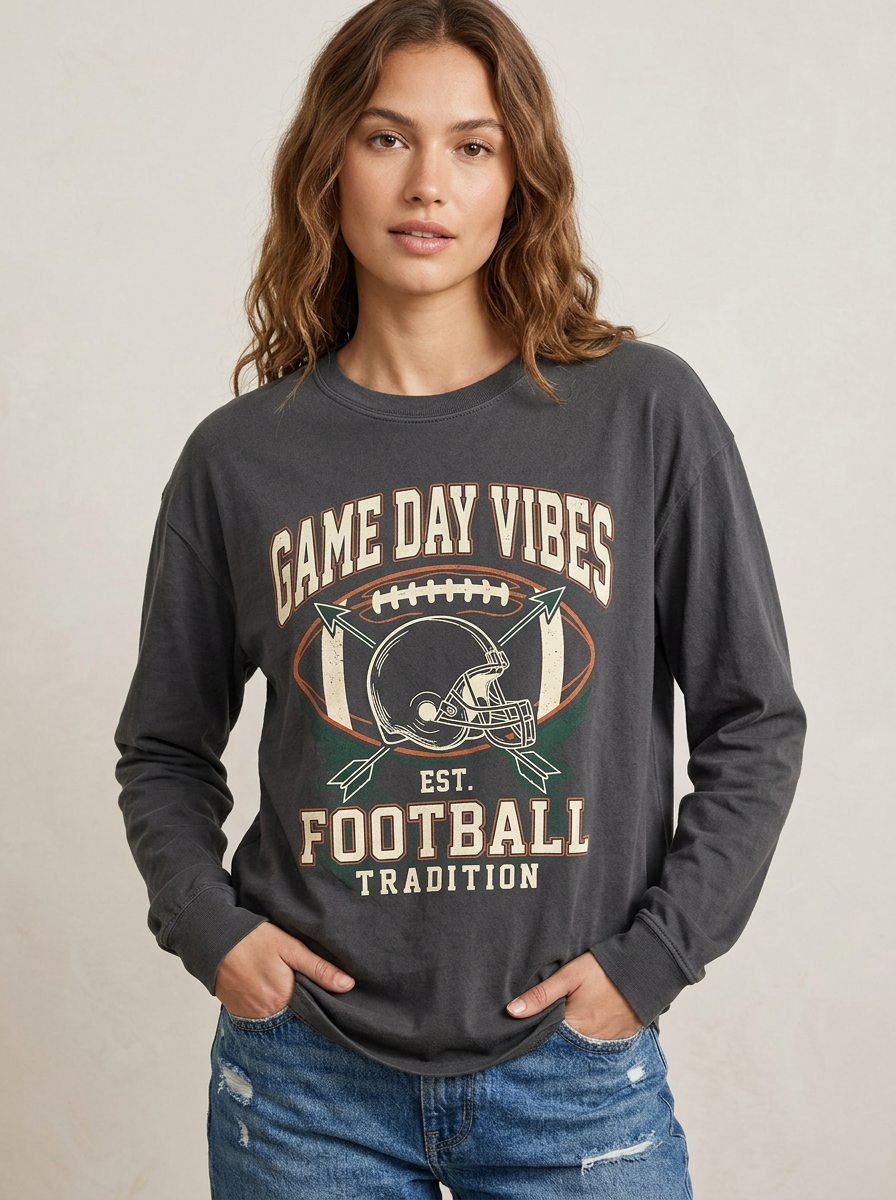 Women's Football Fan Game Day Vibes Helmet Printed Long Sleeve T-Shirt