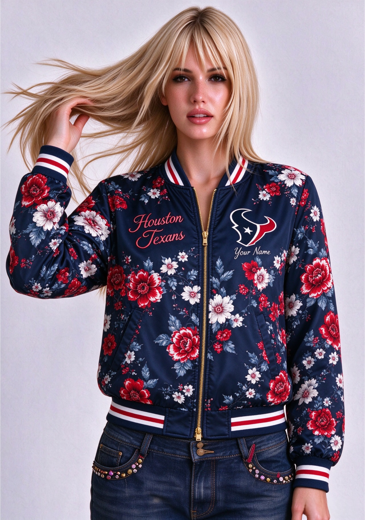 Women Houston Texans Floral Print Zip Up Jacket Custom Name For Fan Main image