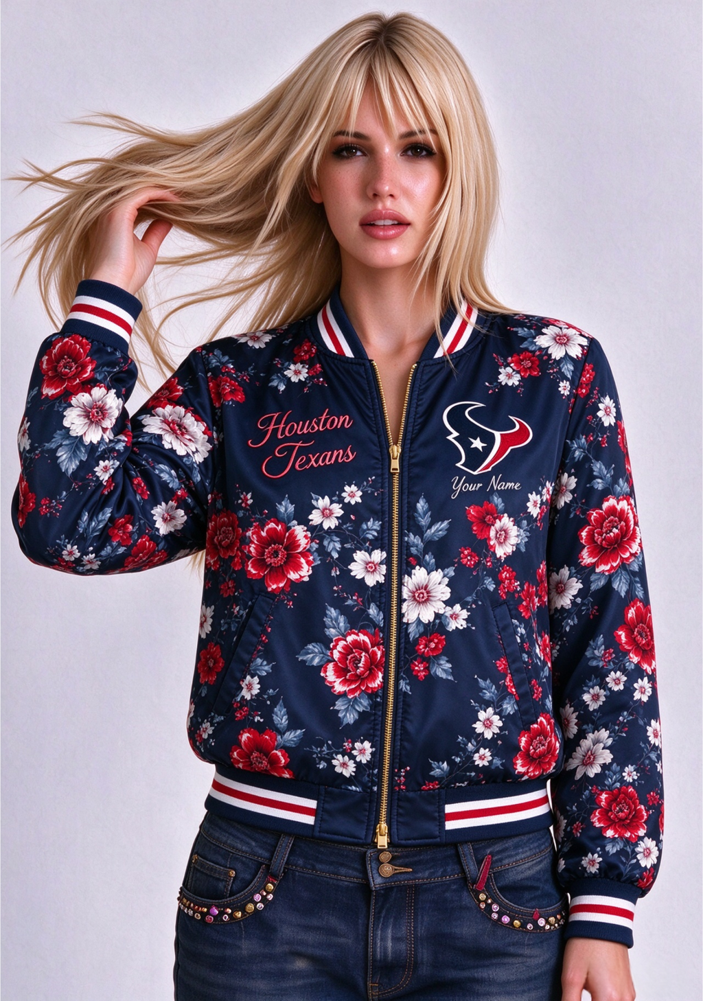 Women Houston Texans Floral Print Zip Up Jacket Custom Name For Fan