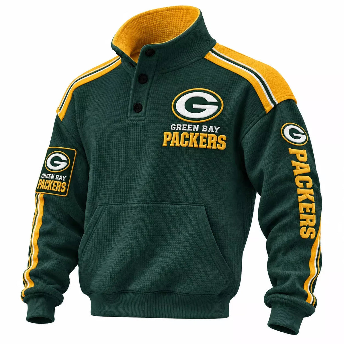 Green Bay Packers Green Button Henley Stand Collar Waffle Pullover Sweatshirt Main image