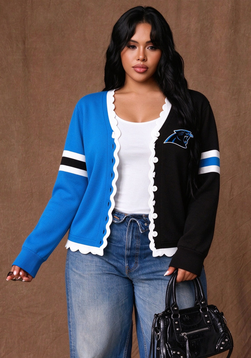Women's Carolina Panthers Color Block Scalloped Trim V-Neck Button Cardigan
