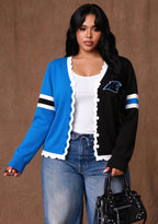 Women's Carolina Panthers Color Block Scalloped Trim V-Neck Button Cardigan