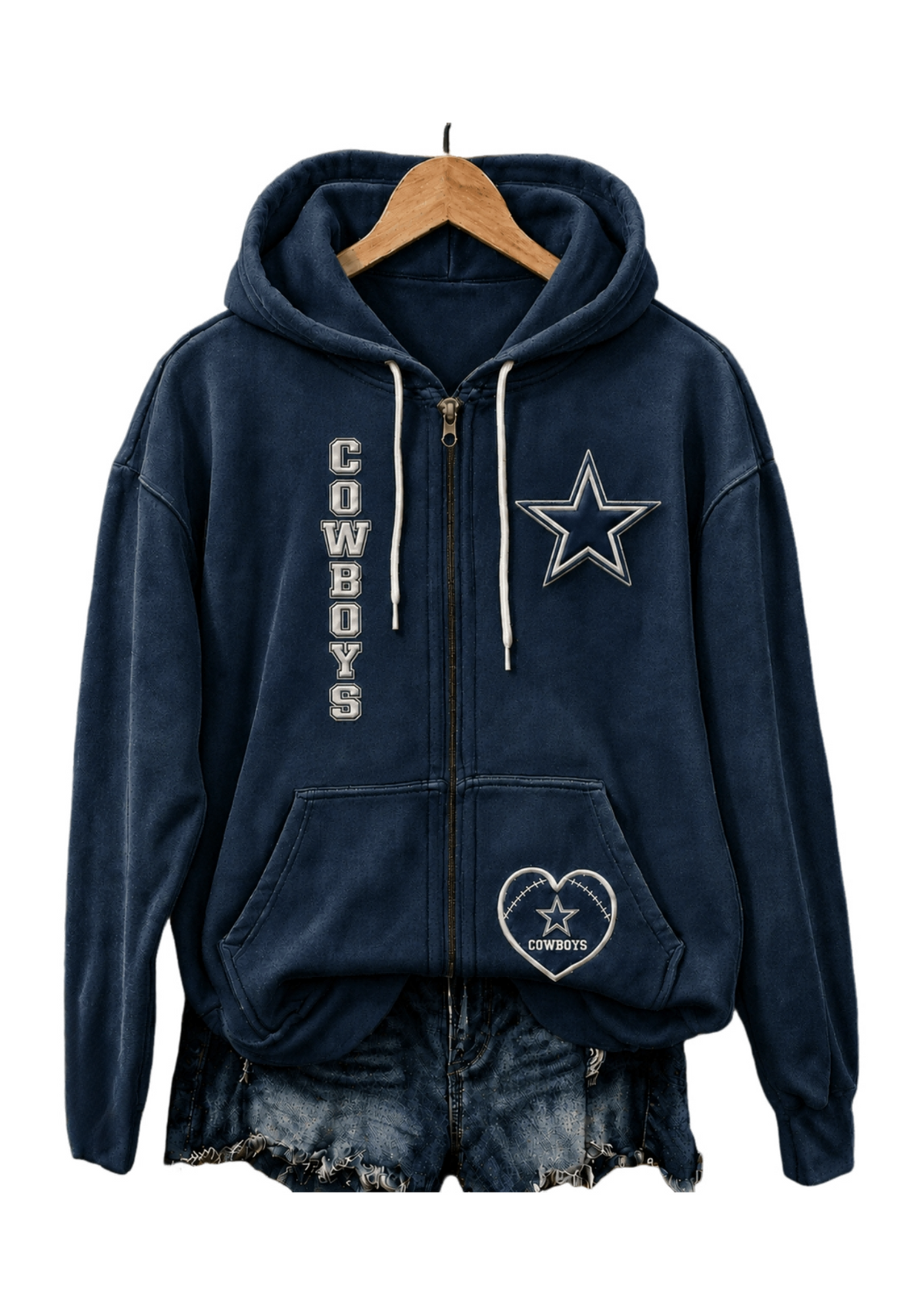 Dallas Cowboys Women Heart Football Graphic Zip Up Hoodie