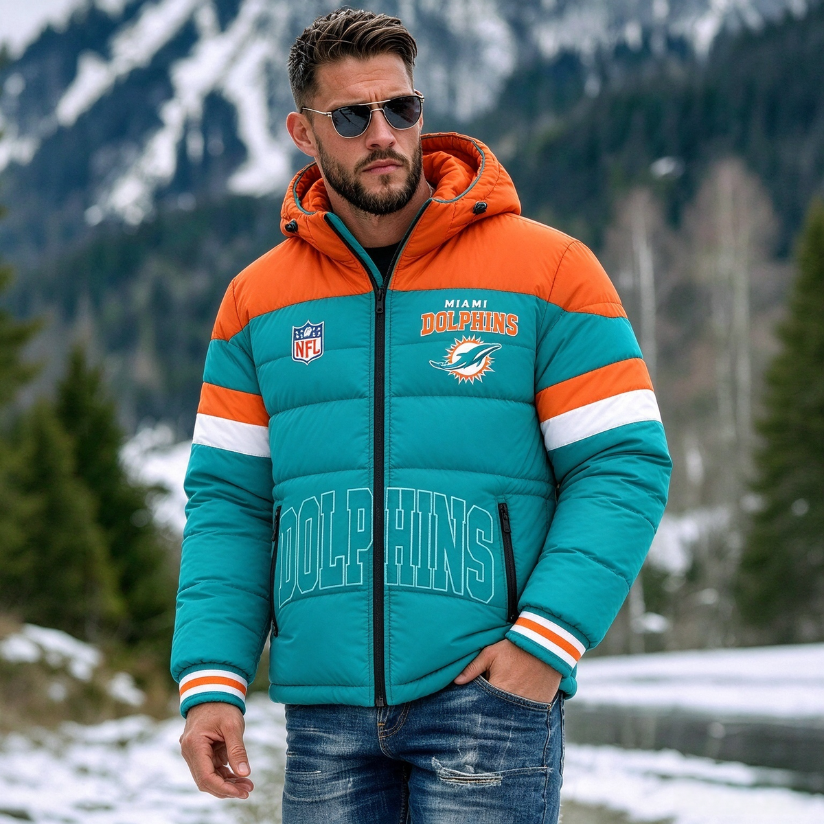 Miami Dolphins Hooded Color Block Puffer Jacket  Custom Name Gifts For Fan Main image
