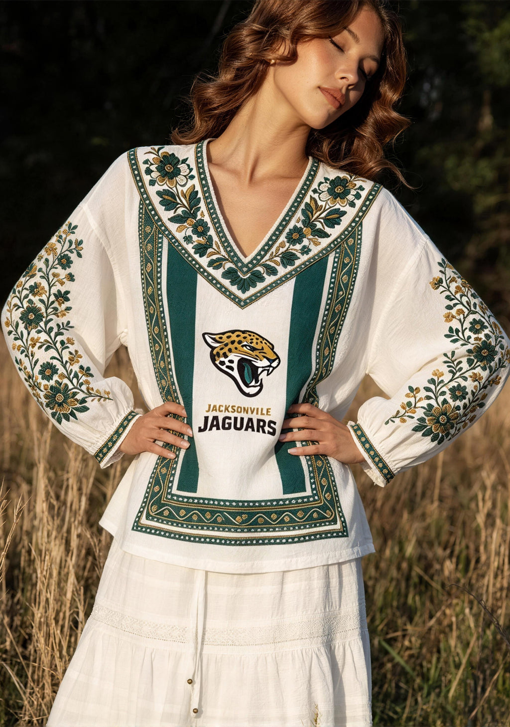 Jacksonville Jaguars Floral Ethnic Printed V-Neck Long Sleeve Shirt