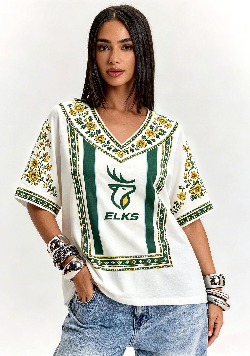 Boho Floral Border Edmonton Elks V-Neck Blouse
