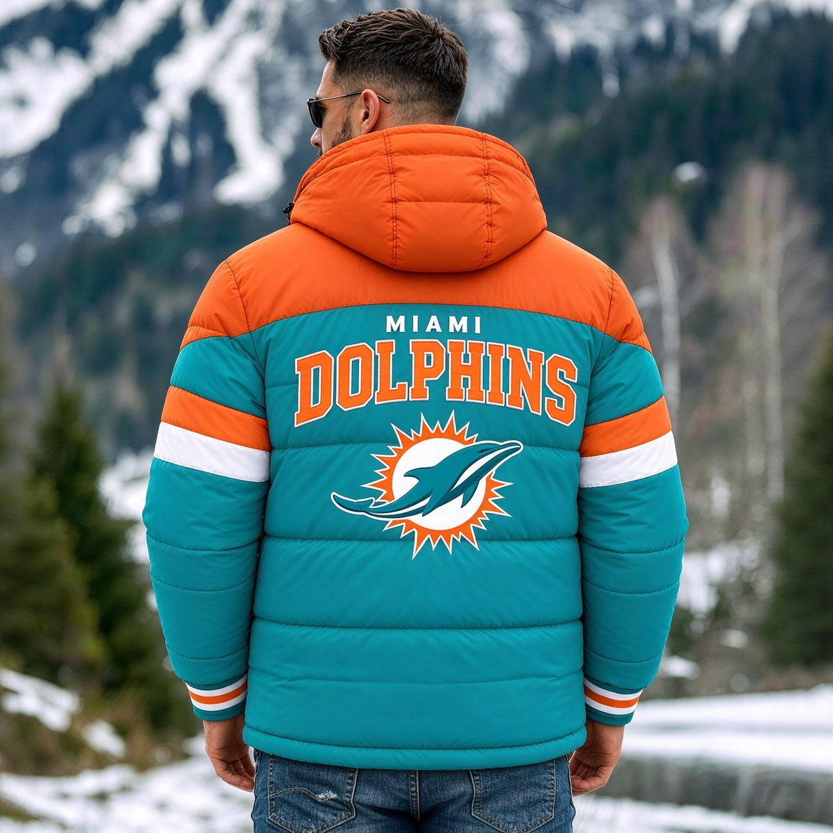Miami Dolphins Hooded Color Block Puffer Jacket  Custom Name Gifts For Fan