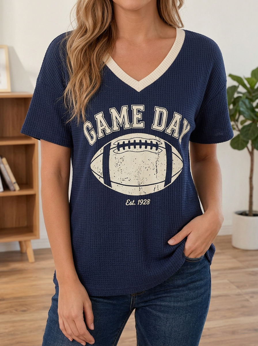 Women's Football Game Day 1928 Graphic Printed Waffle Top