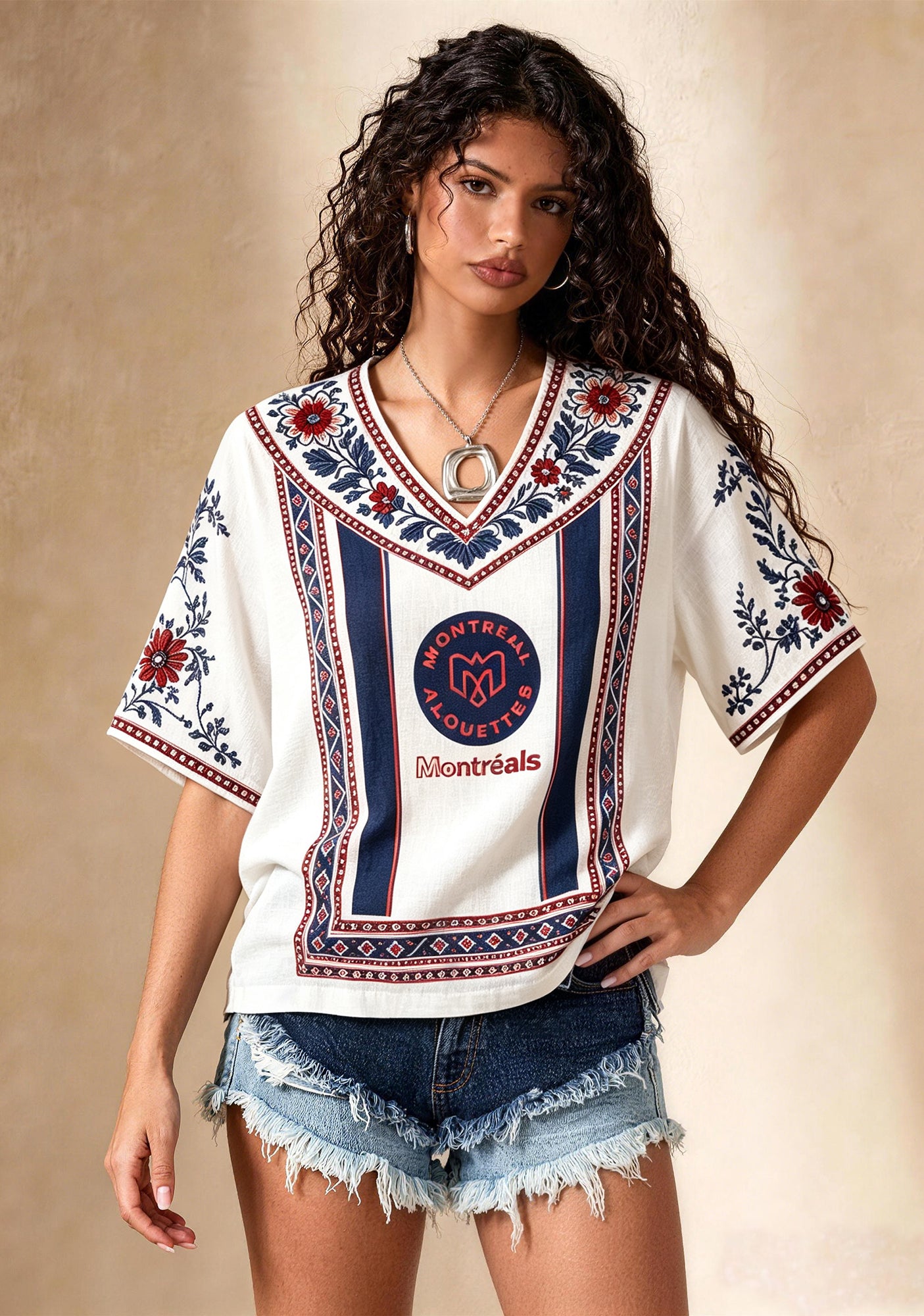 Boho Floral Border Montreal Alouettes V-Neck Blouse Main image