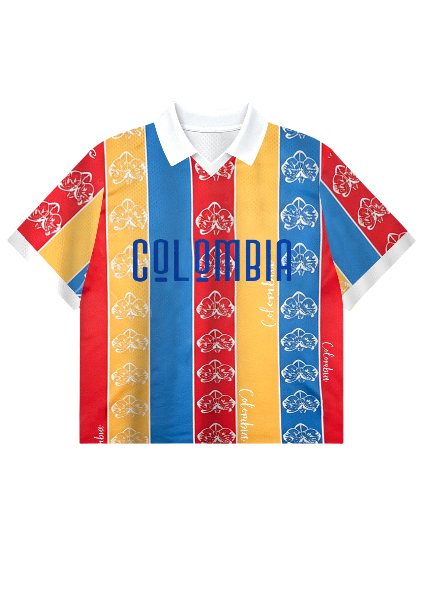 Retro Colombian Flag Stripes Orchid Floral Cropped Collared Soccer Jersey Secondary image