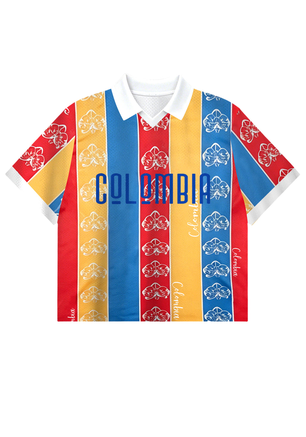 Retro Colombian Flag Stripes Orchid Floral Cropped Collared Soccer Jersey