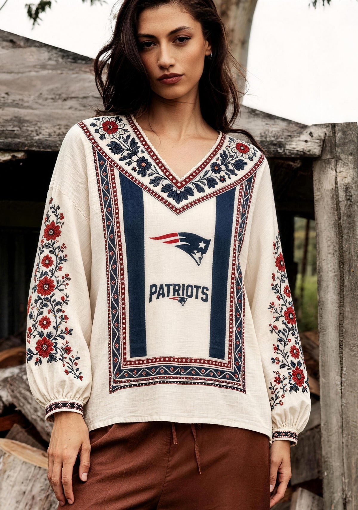 New England Patriots Bohemian Floral Printed V-Neck Long Sleeve Shirt