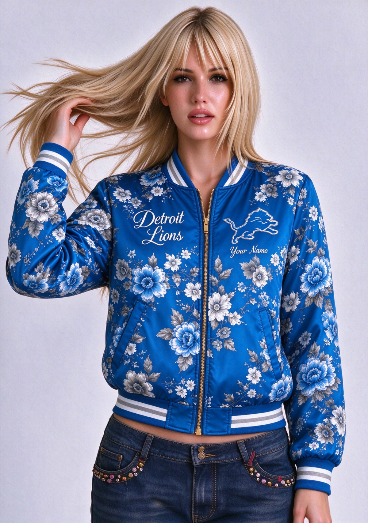 Women Detroit Lions Floral Print Zip Up Jacket Custom Name For Fan Main image