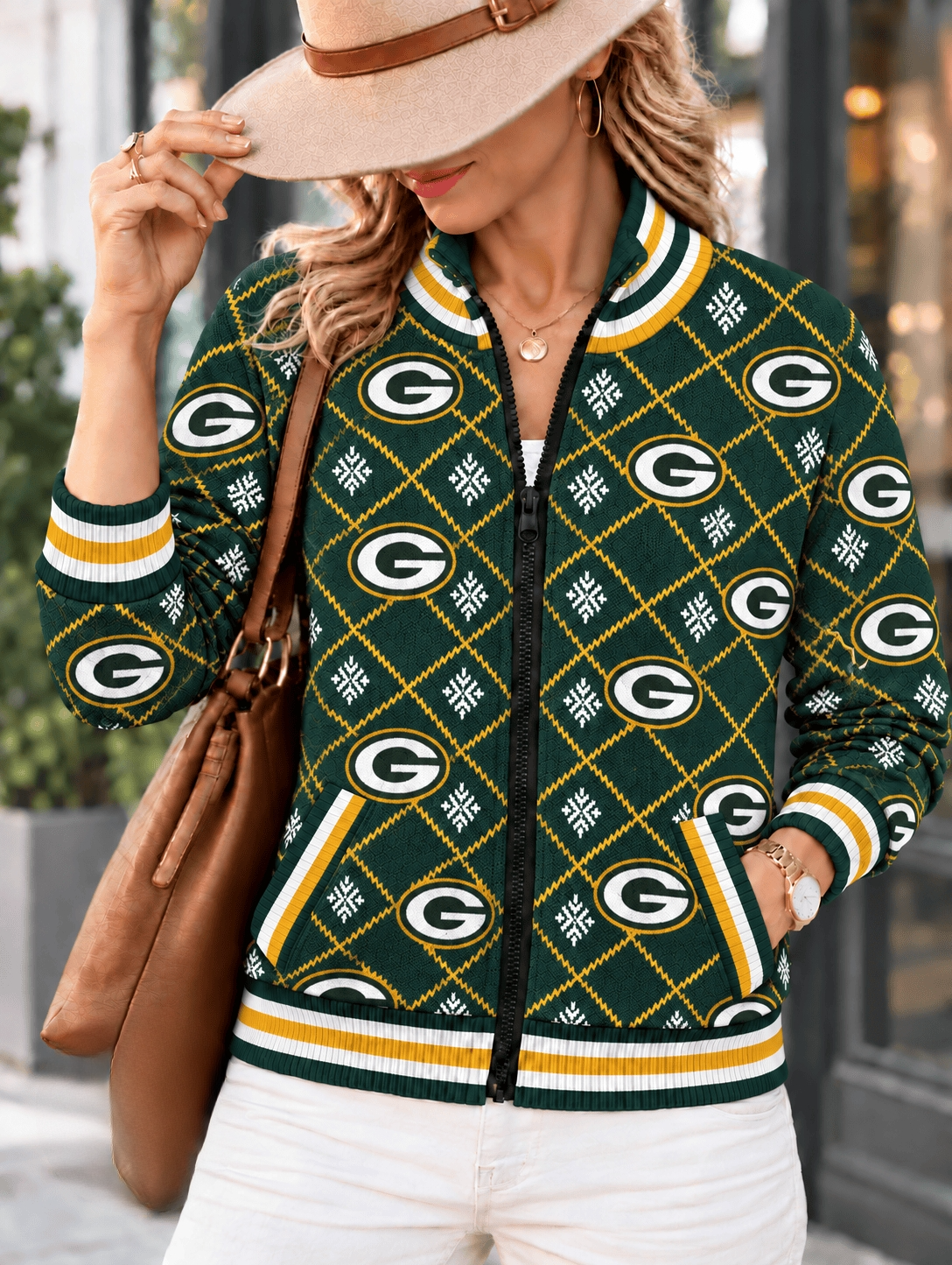 Women's Green Bay Packers Argyle Print Zip Up Varsity Jacket