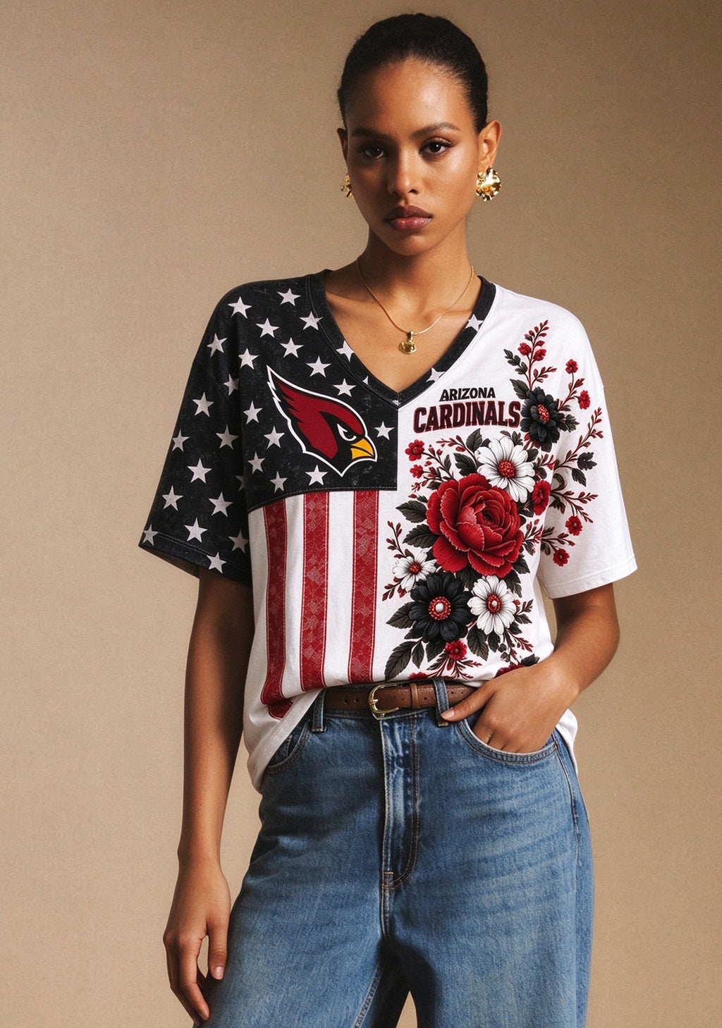 Women's Arizona Cardinals American Flag Floral V-Neck T-Shirt