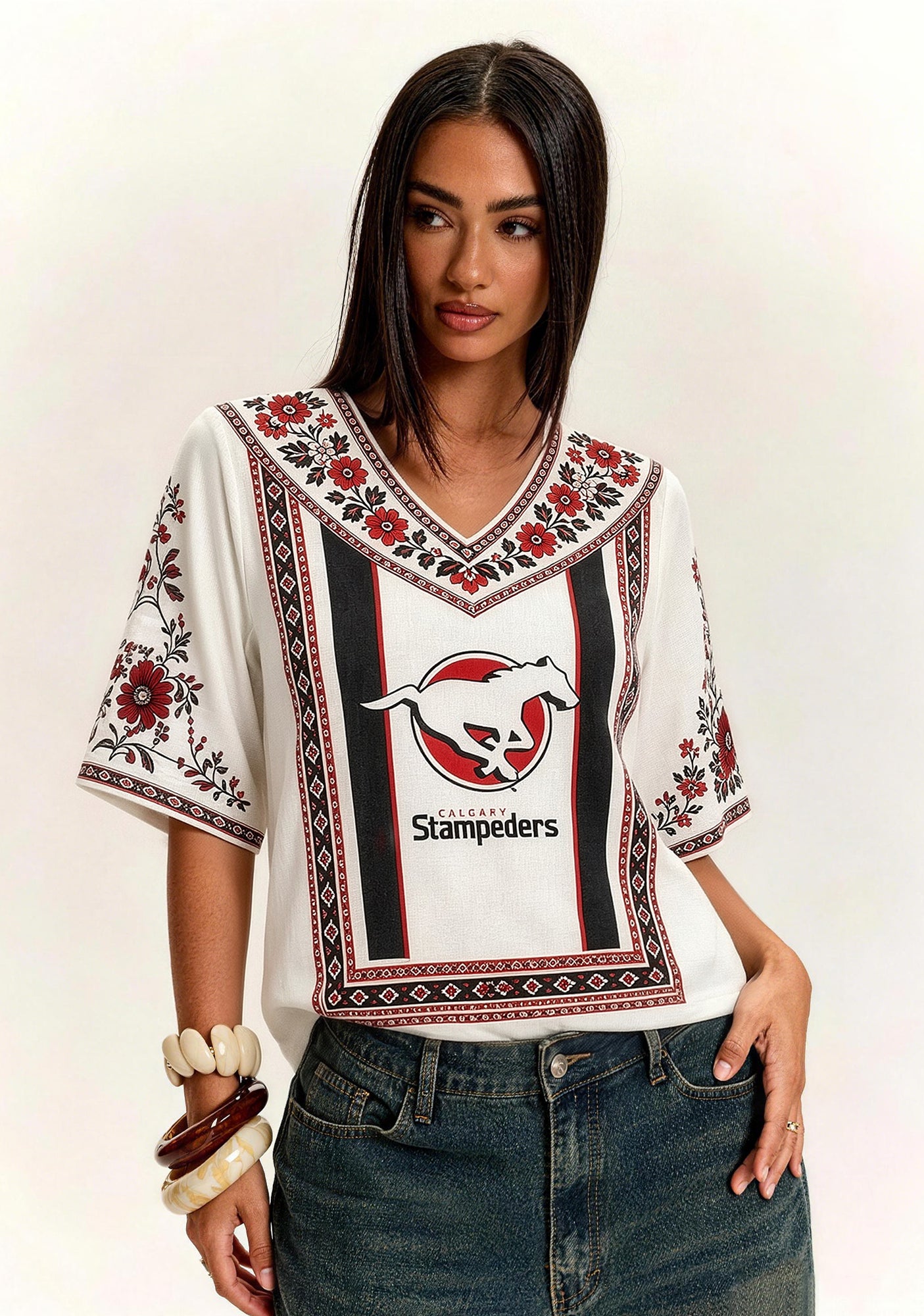 Boho Floral Border Calgary Stampeders V-Neck Blouse Main image