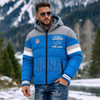 Detroit Lions Hooded Color Block Puffer Jacket  Custom Name Gifts For Fan