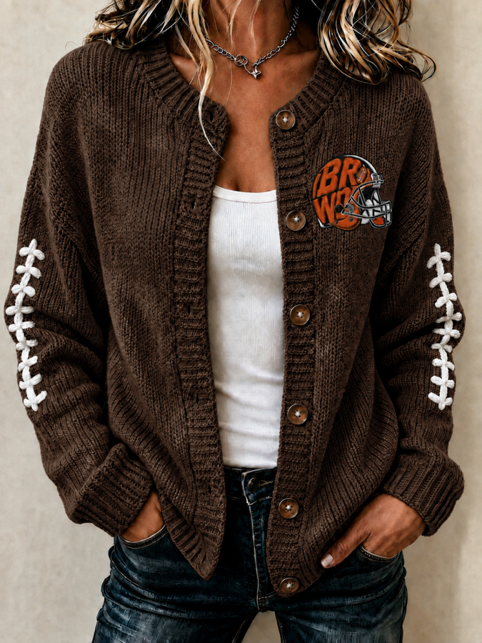 Women'S Football Printed Knitted Cardigan