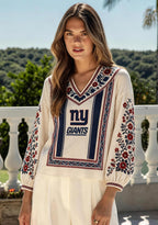 New York Giants Boho Floral Printed V-Neck Long Sleeve Shirt