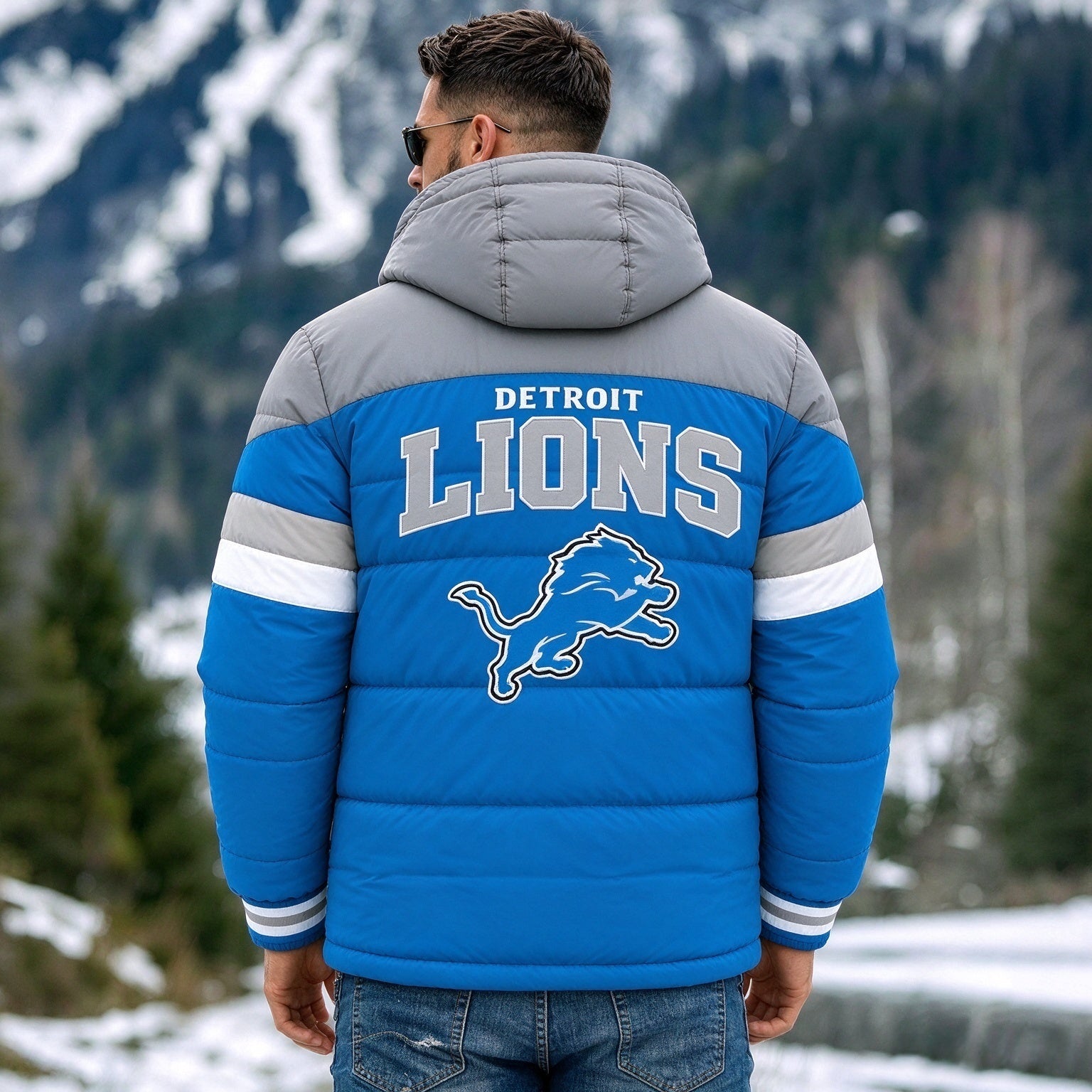 Detroit Lions Hooded Color Block Puffer Jacket  Custom Name Gifts For Fan Secondary image